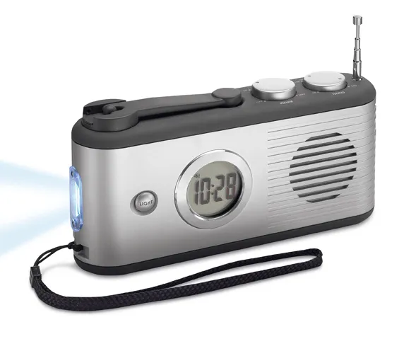 Dynamo radio met LCD-display, antenne en zwengel