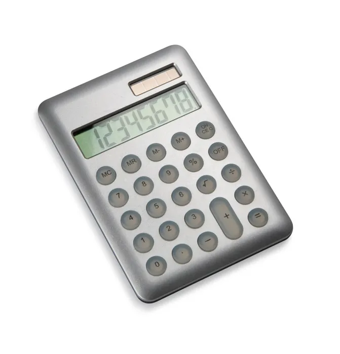 Zilveren solarcalculator met zonnecel en toetsenbord