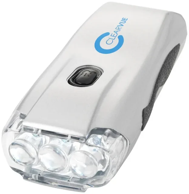 Zilveren zaklamp met dynamo-hendel en drie LED-lampjes