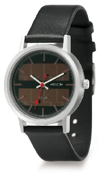 Solar horloge met metalen kast en leren band