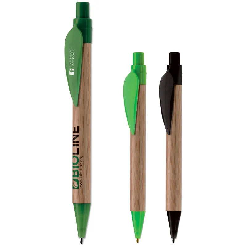 Bamboe balpen met groene clip in bladvorm