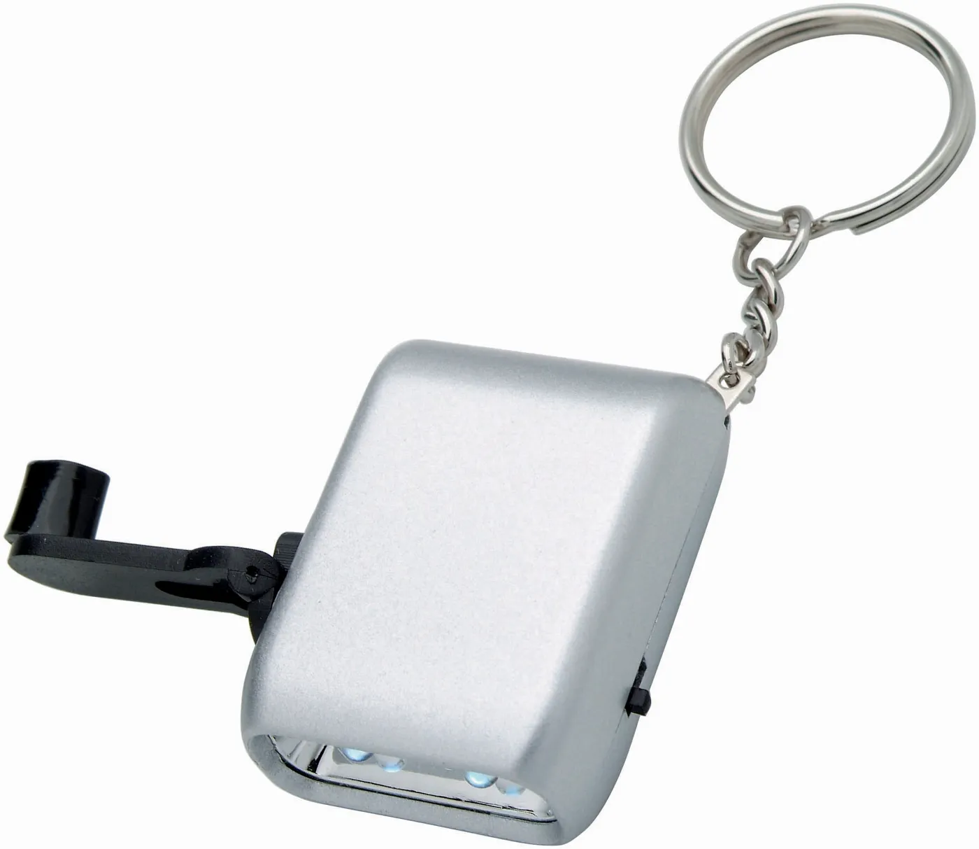 Zilverkleurige sleutelhanger met ingebouwd opwindlampje