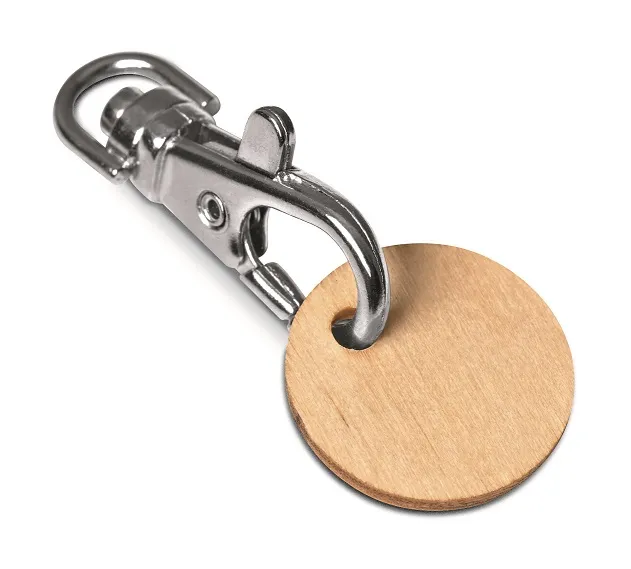 Houten winkelwagenmuntje aan een karabijnhaak