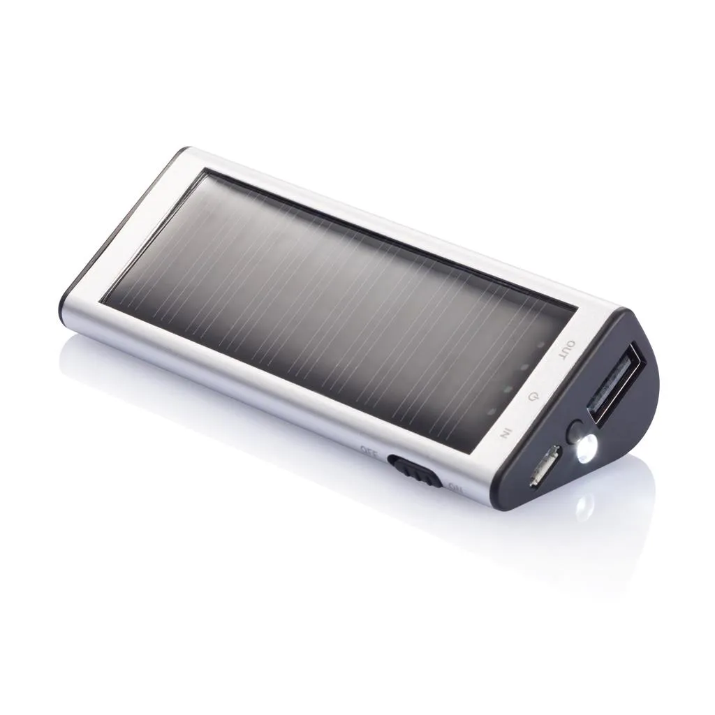 Compacte solar powerbank met zonnepaneel en micro-USB-kabel