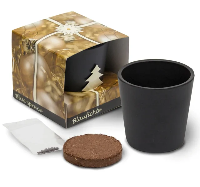 Pot met bedrukte wikkel en zaadzakje blauwspar