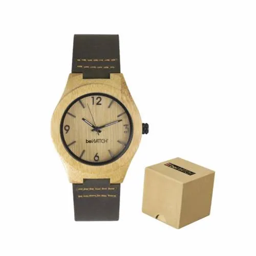 Horloge met bamboe wijzerplaat en leren band