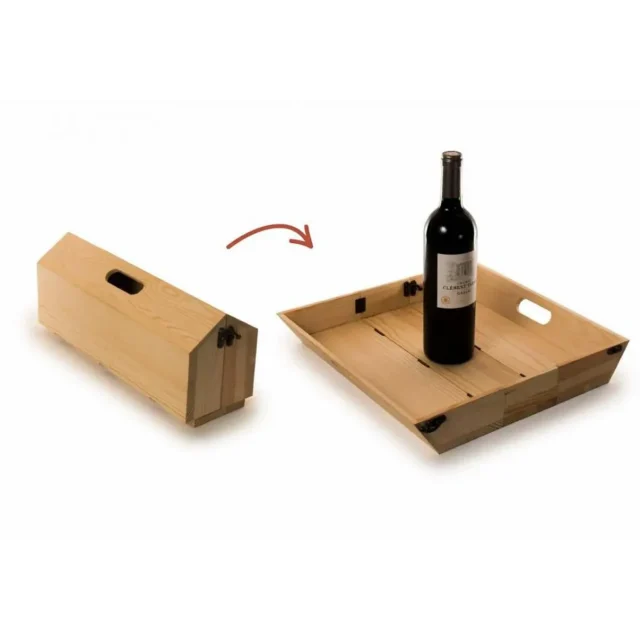 Houten wijnbox met fles wijn die ook dienblad is