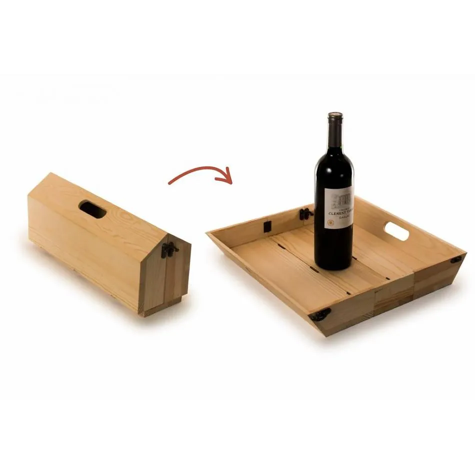 Houten wijnbox met fles wijn die ook dienblad is