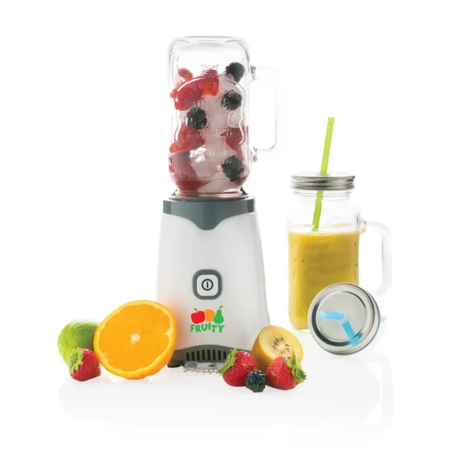 Blender met twee glazen mason jars, deksel en rietje