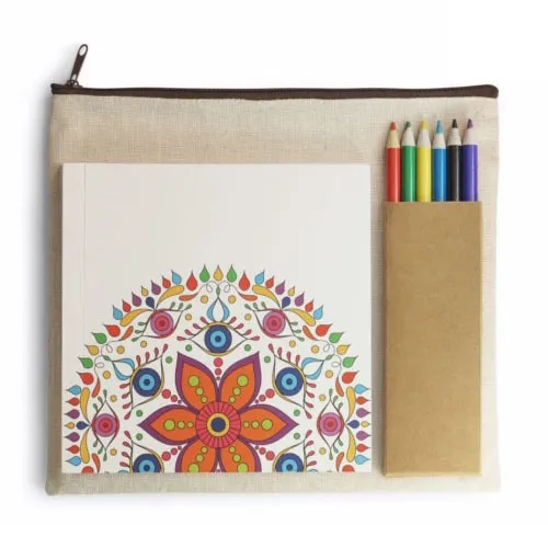 Mandala tekenset met kleurpotloden en een etui van jute en katoen