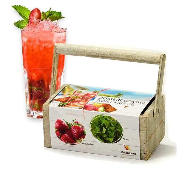 Kweekkistje met hengsel en bedrukte sleeve voor een zomercocktail