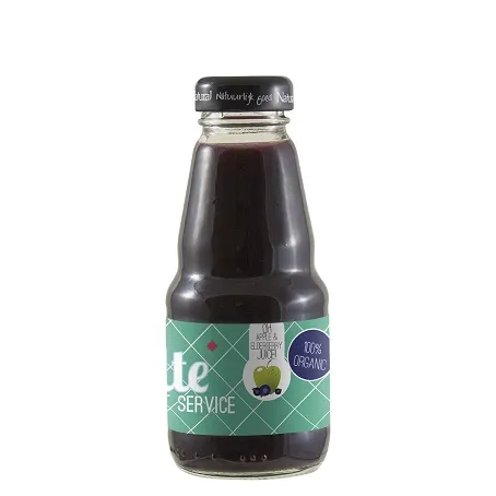 Glazen flesje biologisch appel & vlierbessap met zwarte dop en bedrukt etiket