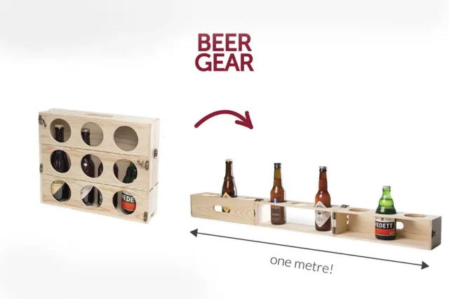 Houten Rackpack Bear Gear drager met een rij bierflesjes