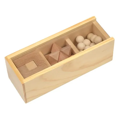 Houten doosje met drie houten puzzels Brain Power
