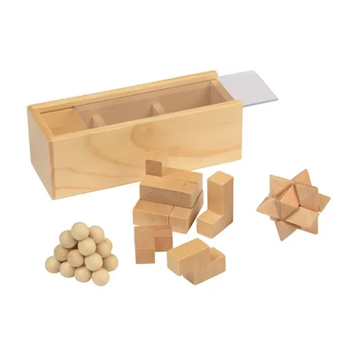 Houten doosje met drie houten puzzels Brain Power