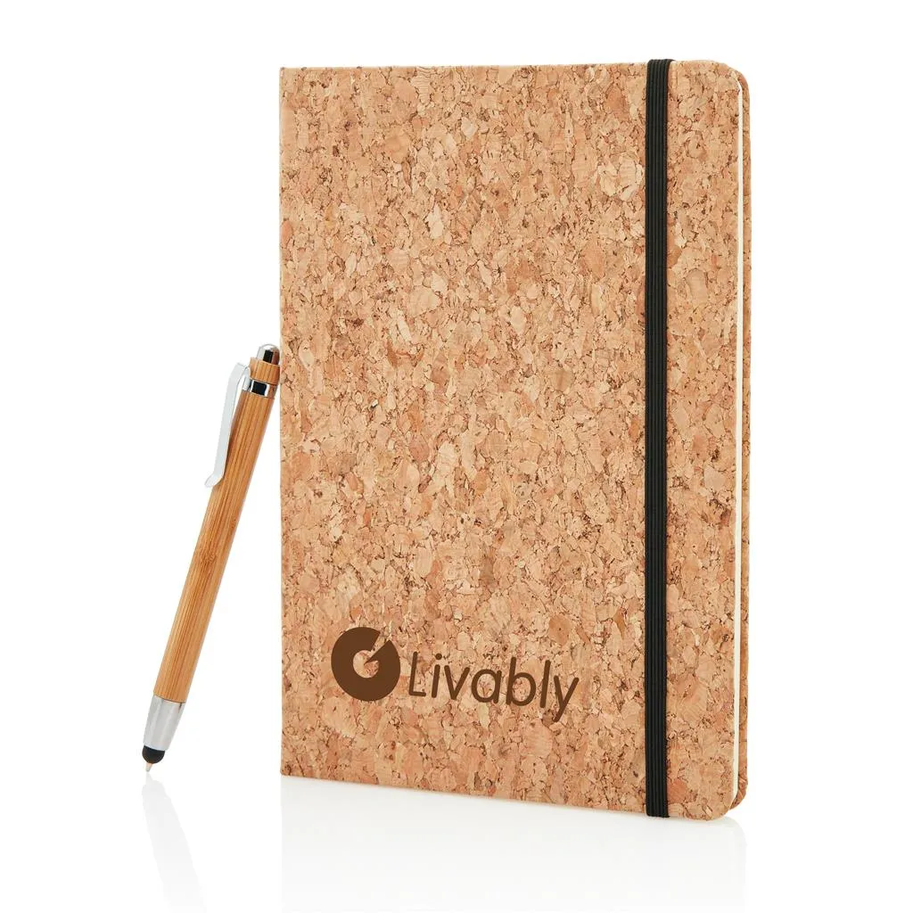 Bruin kurken A5 notitieboek met bamboe pen