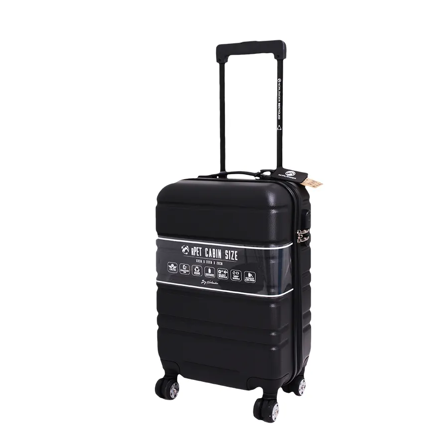 Zwarte handbagagetrolley met horizontale banen aan de voor- en achterzijde