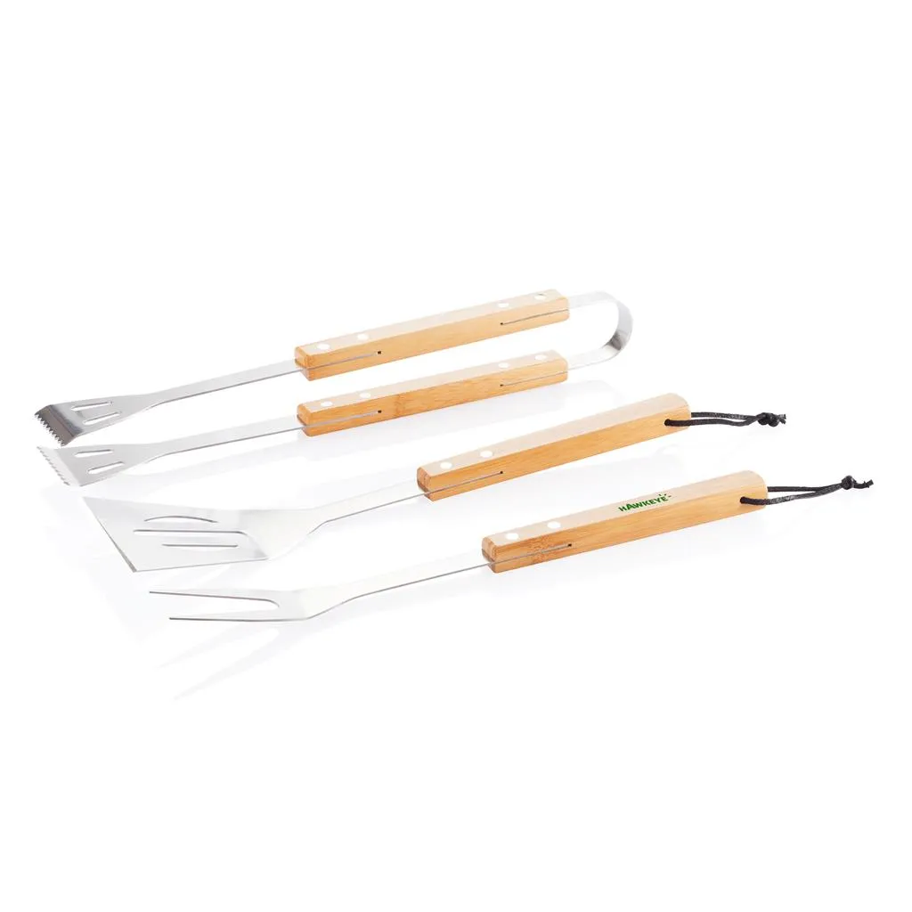 Barbecueset met spatel, vleesvork en tang met bamboe handvatten