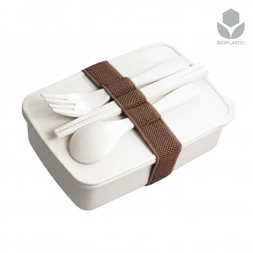 Beige lunchtrommel Foody met bestek