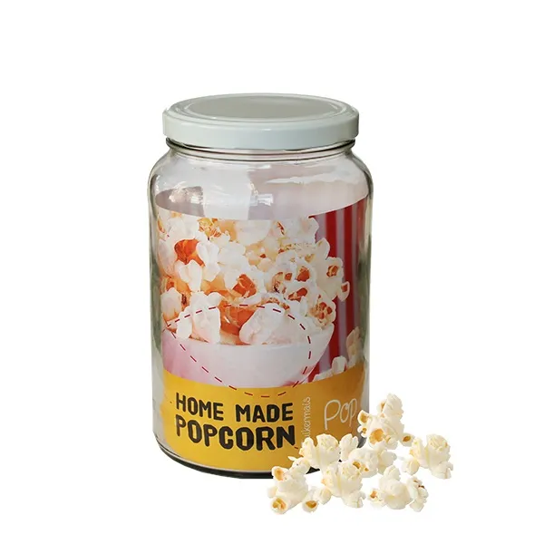Glazen pot gevuld met popcornmais