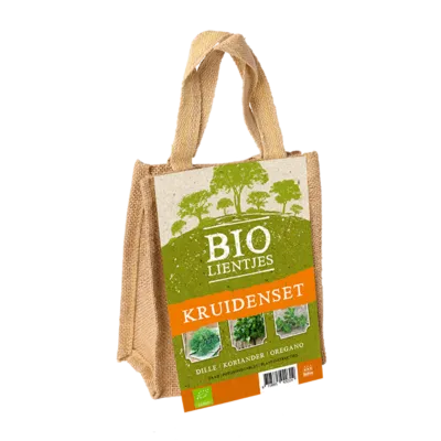 Jute tasje met hengsel met daarin een kweekset voor kruiden