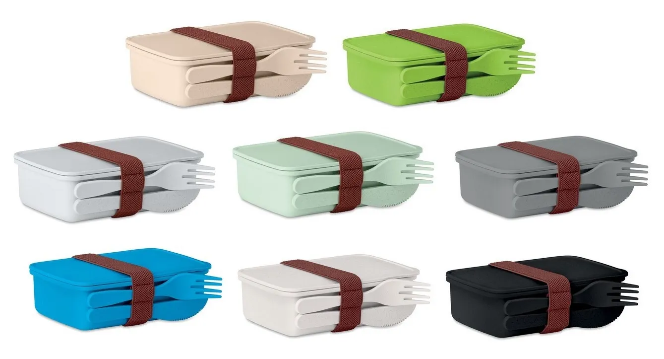 Lunchbox van bamboevezel met vork, mes en elastieken band