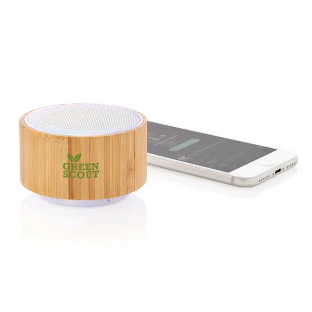 Ronde bamboe draadloze speaker met sfeerlicht
