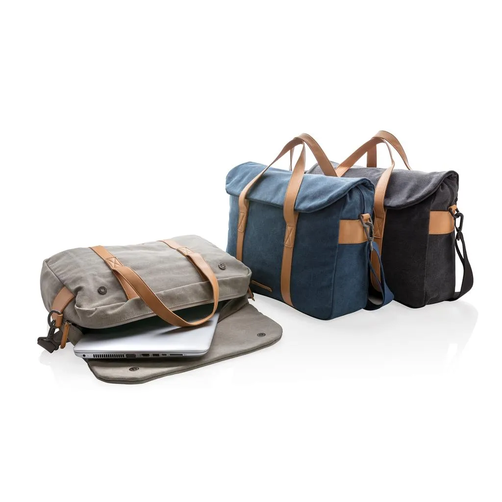 Canvas laptoptas met kunstlederen details
