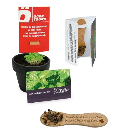 Kaart met houten plantenstick met zaadjes