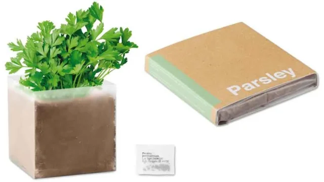 Zak met peterseliezaadjes en geperste aarde