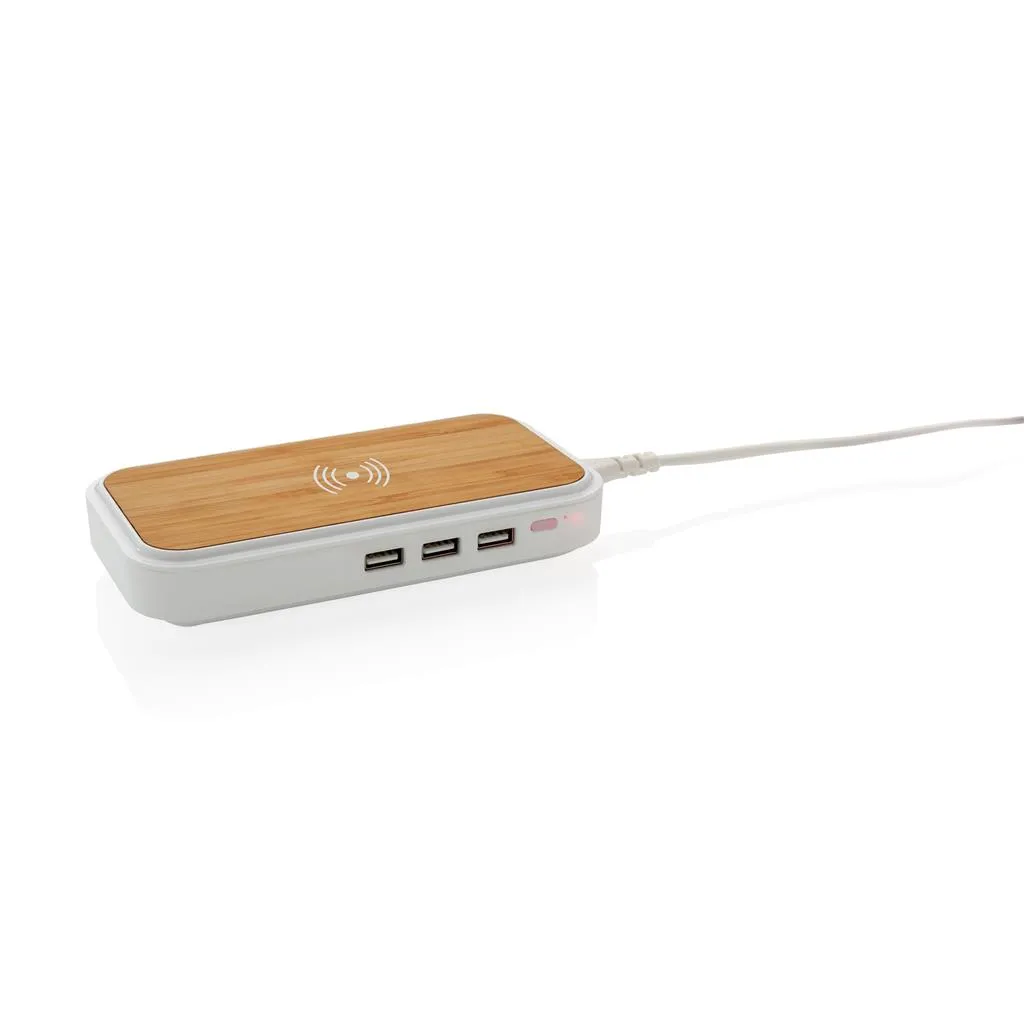 Bamboe draadloze oplader met drie USB-poorten