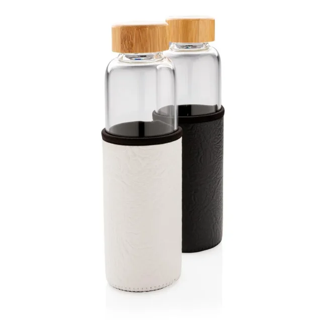 Glazen fles met PU-sleeve en bamboedeksel