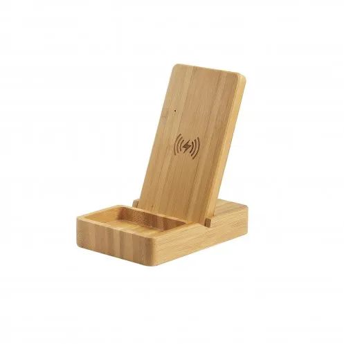 Bamboe draadloze oplader met telefoon erop