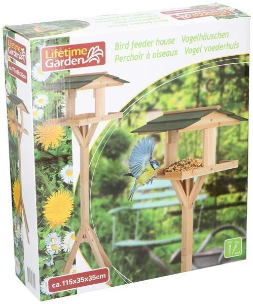 Houten vogelvoederhuis op standaard met dakje