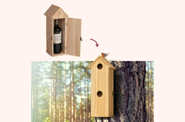 Houten wijnkistje met twee vogelgaten