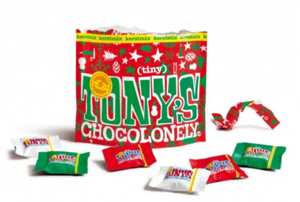 Zak met Tiny Tony's chocolaatjes in kerstkleuren