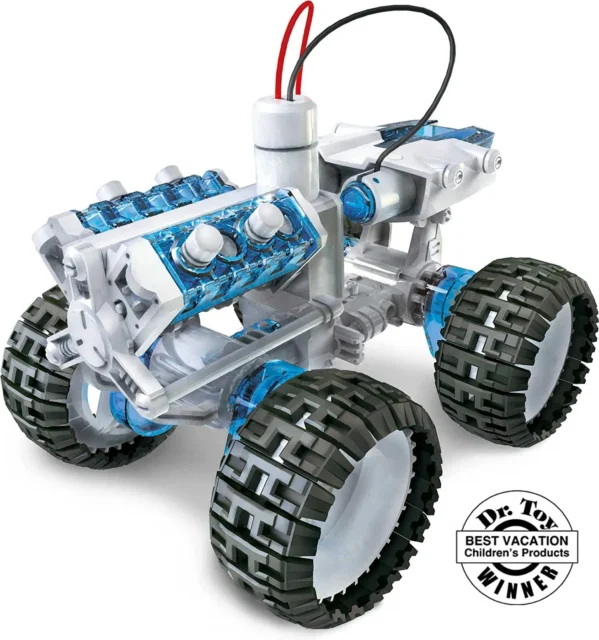 Blauw-transparante bouwauto met zichtbare motor en vier grote wielen
