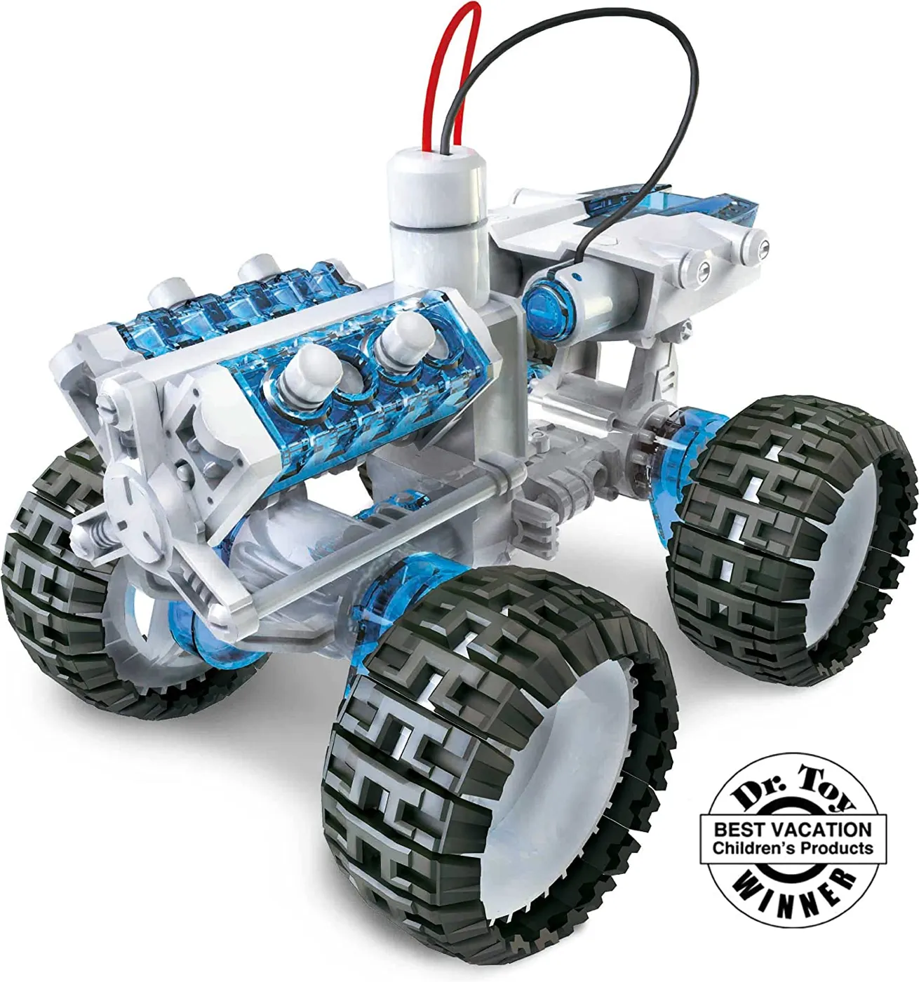Blauw-transparante bouwauto met zichtbare motor en vier grote wielen