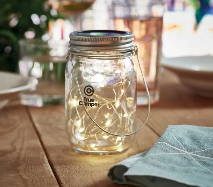 Glazen jampot met kleine LED-lampjes en hanger