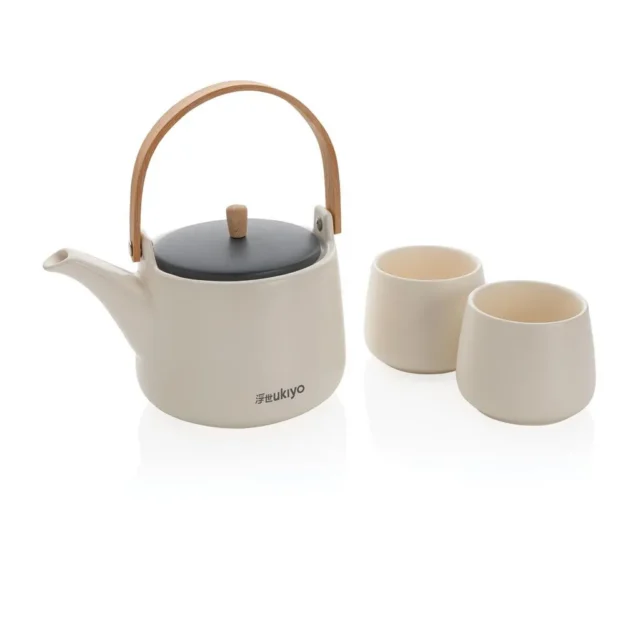 Keramische theepot met bamboe handvat en theekopjes