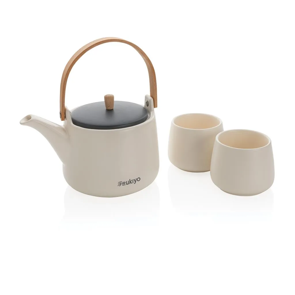 Keramische theepot met bamboe handvat en theekopjes