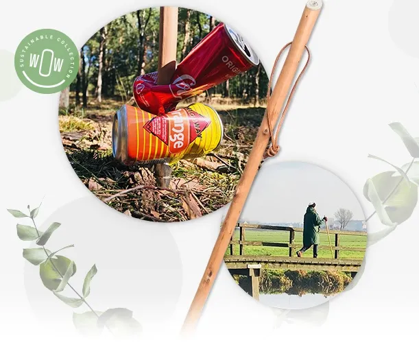 Houten CleanWalk wandelstok met metalen kartelpunt en leren polsband