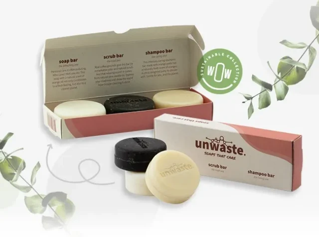 Set van drie Unwaste bars: zeep, scrub en shampoo