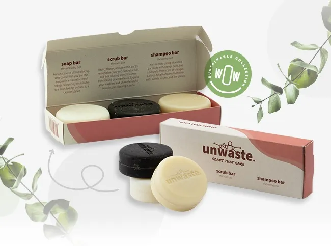 Set van drie Unwaste bars: zeep, scrub en shampoo