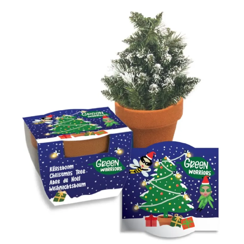 Terracotta potje met zaadzakje en wikkel voor een kerstboom