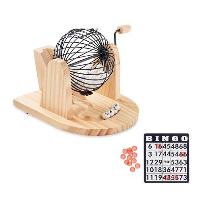 Houten bingoset met bingomolen, ballen en kaarten