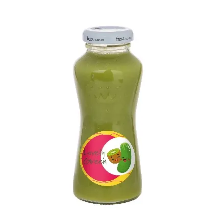 Glazen flesje met groene smoothie en bedrukt etiket