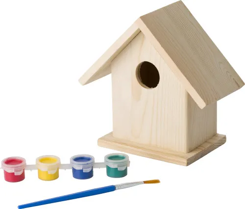 Houten vogelhuisje met verf en kwast