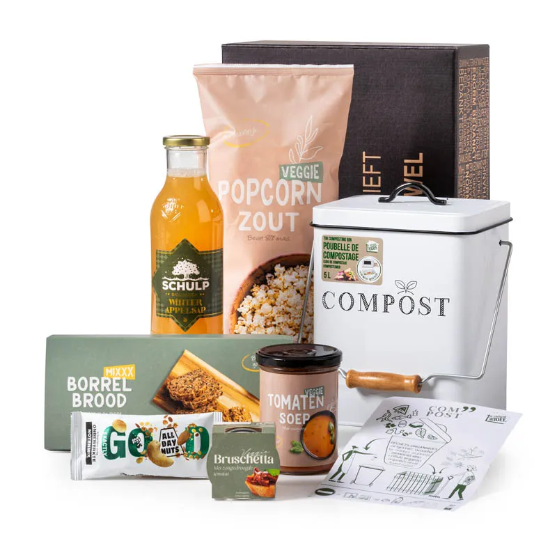 Geschenkdoos met metalen compostemmer en biologische producten