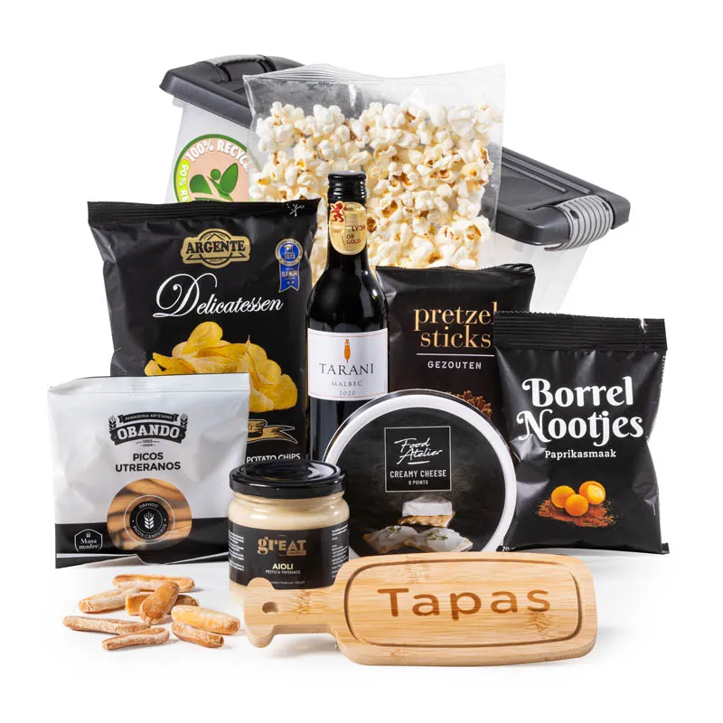 Multibox met tapasplankje, wijn en hartige borrelhapjes